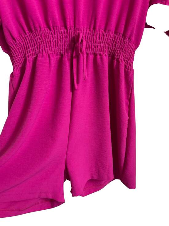 Magenta V-Neck Smocked Waist Tie-Back Romper - Picture 5 of 11